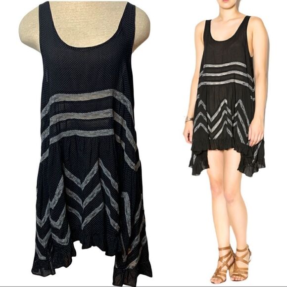 Free People Voile and Lace Trapeze Swing Dress Black Gray Polka Dot Size Small - Picture 1 of 9